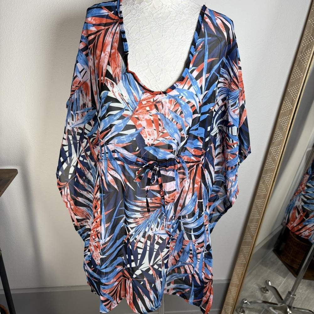 Unbranded Women L/XL Blue Swim Cover Up Tropical Resortwear Sheer Rayon